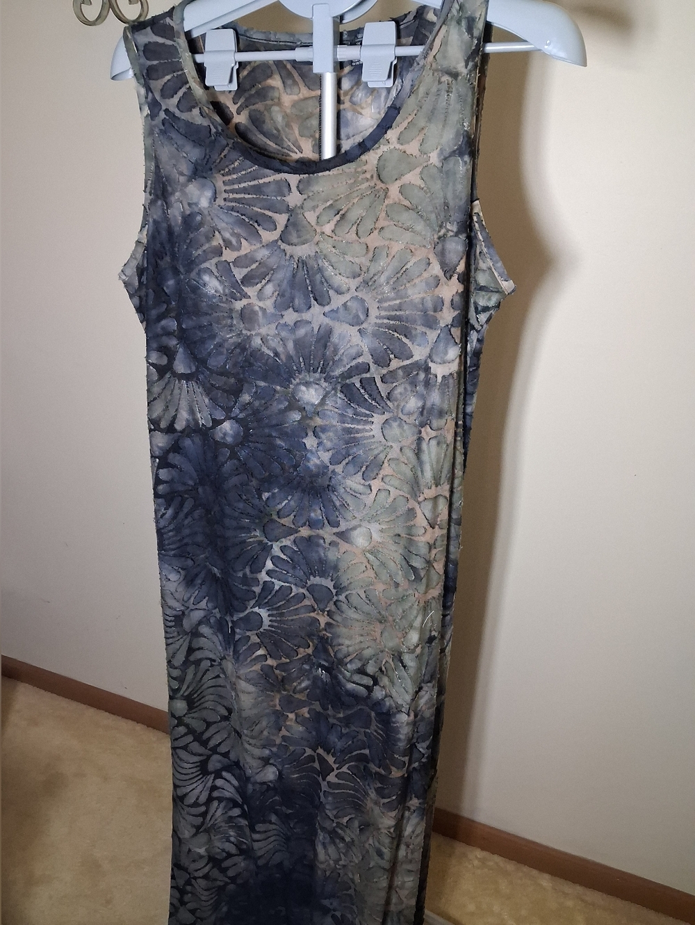 Nina Leonard Floral Tie Dye Blue and Tan Textured Tank Maxi Dress